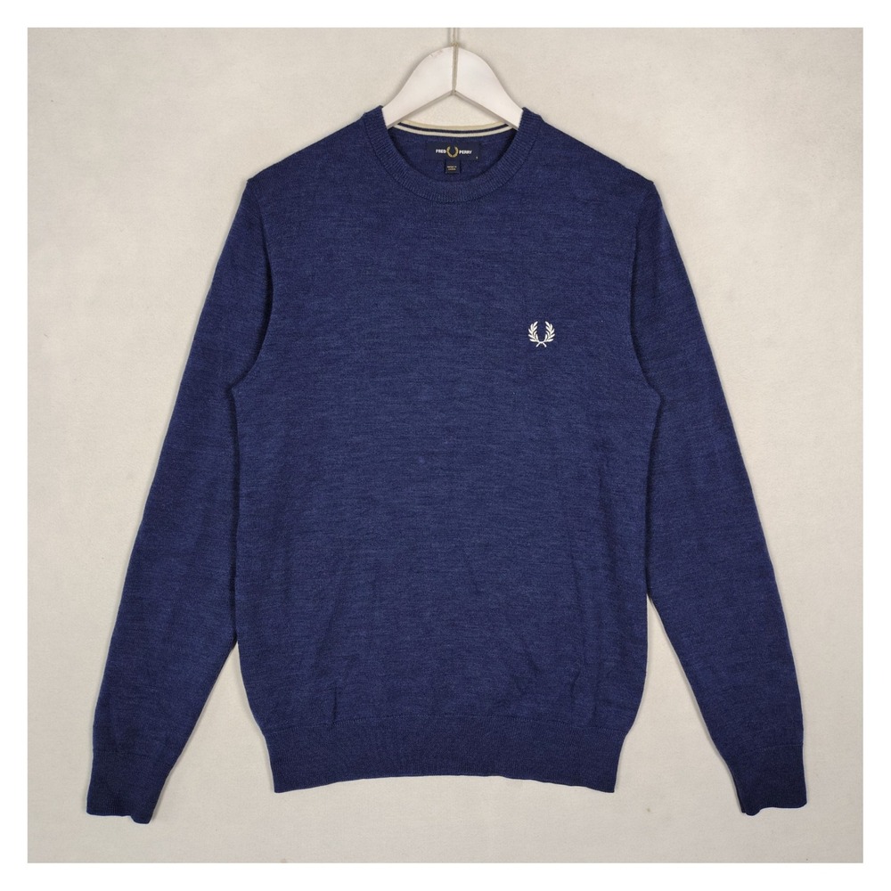 Fred Perry Wool Crew Neck Knit Sweater Blue K7601 Laurel Wreath Small